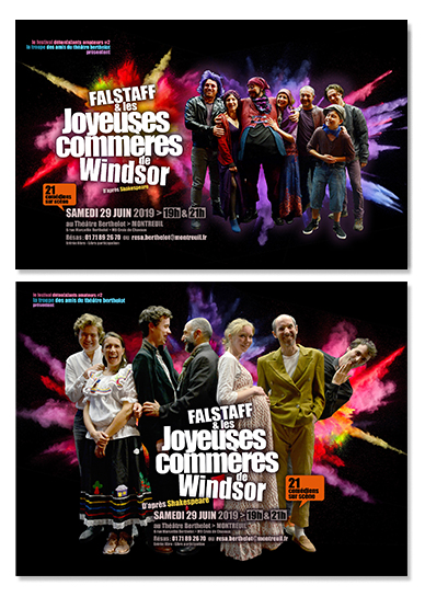 teasers troupe Les Amis du Théâtre Berthelot Montreuil, William Shakespeare, Les joyeuses commères de Windsor | graphisme © Marie Cayet